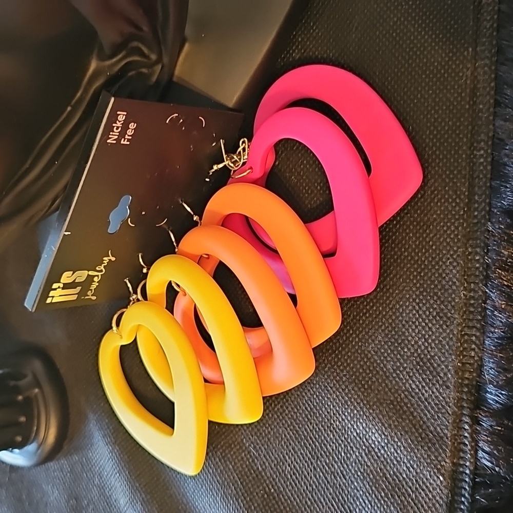 Vibrant Pink , Yellow and Orange Heart Earrings with Gold Hooks